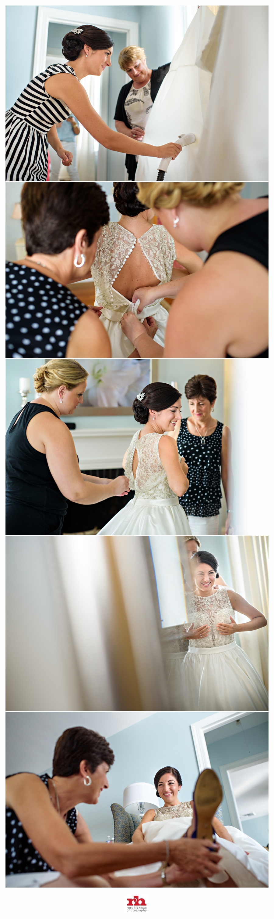 A mother helps her daughter put on her wedding dress at her wedding at The Manor House at Prophecy Creek Park.